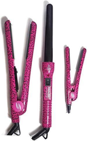 Proliss The Essentials Full Styling Set - 100% Solid Ceramic 1.25" Flat Iron, 0.5" Mini Flat Iron, & Curling Wand - Pink Leopard