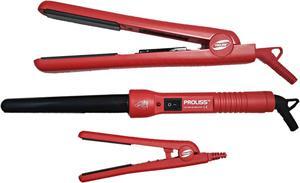 Proliss The Essentials Full Styling Set - 100% Solid Ceramic 1.25" Flat Iron, 0.5" Mini Flat Iron, & Curling Wand - Red