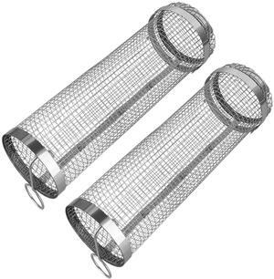 2Pcs BBQ Rolling Basket Stainless Grill Mesh Tube with Cover for Outdoor Camping - Gray - One size