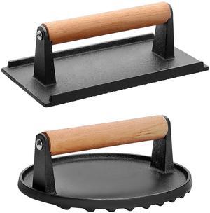 2Pcs Cast Iron Grill Press Round & Rectangular Bacon Meat Smasher with Wood Handle - Black - One size