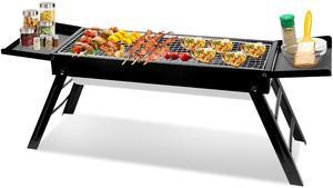 Foldable Charcoal BBQ Grill with Shelf Stainless Net Portable for Camping - Black - One size
