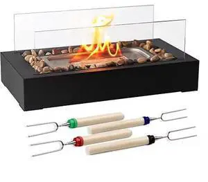 Tabletop Ethanol Fire Pit Fireplace with Roasting Sticks for Indoor/Outdoor Use - Black - One size