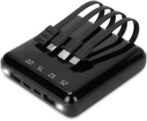 10K mAh Power Bank with 4 Cables and LED Flashlight - Black - One size