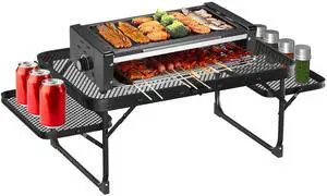Fresh Fab Finds Foldable Camping Table Grill Stand w/ Side Trays - Black - One size