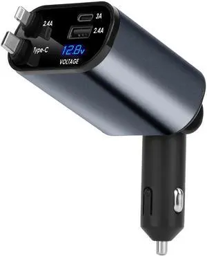 Fresh Fab Finds 100W 4-in-1 Car Charger w/ Voltage Monitor & Retractable Cable - Black - One size Fresh Fab Finds 100W 4-in-1 Car Charger w/ Voltage Monitor & Retractable Cable - Black - One size