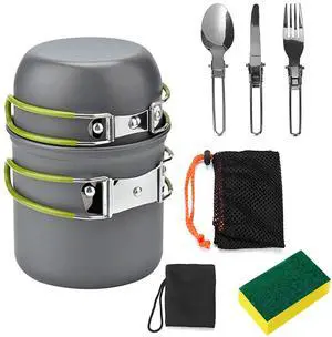 Fresh Fab Finds 8Pcs Camping Cooking Ware Set Aluminum Pot Foldable Knife Fork Spoon Set - Gray One size