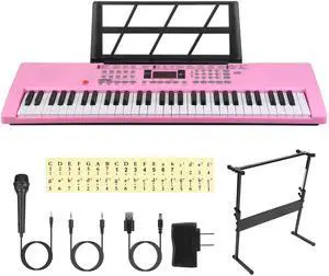 Fresh Fab Finds 61 Key Digital Keyboard Electric Piano Mic Stand Ages 3-12 - Pink