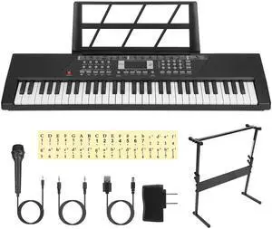 Fresh Fab Finds 61 Key Digital Keyboard Electric Piano Mic Stand Ages 3-12 - Black