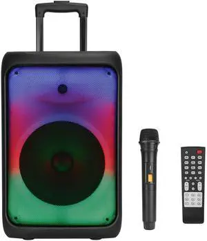Fresh Fab Finds Portable Wireless Party Speaker Party Speaker with 5 Colorful Lighting Modes TWS FM USB MMC Slot Aux In Recording Mic Priority Trolley Handle 2 W - Black One size