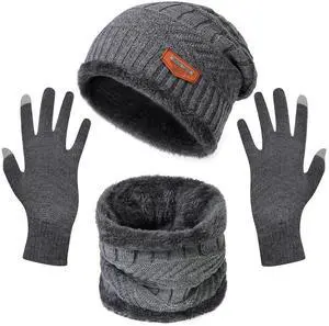Fresh Fab Finds Winter Knitted Hat Scarf Gloves 3Pcs Winter Warm Beanie and Touch Screen Gloves Scarf Set Knit Beanie Skull Cap Neck Warmer Mittens for Men Women - Gray One size
