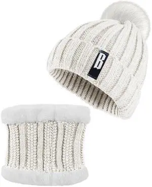 Fresh Fab Finds Winter Beanie Hat Scarf Set Women Warm Knitting Skull Cap Neck Warmer for Walking Running Hiking Camping Outdoors Gift - Cream One size