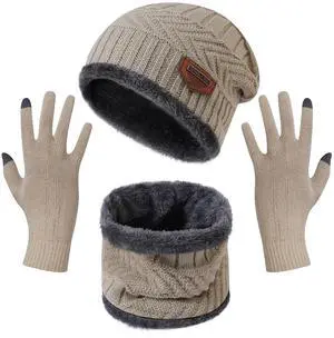 Fresh Fab Finds Winter Knitted Hat Scarf Gloves 3Pcs Winter Warm Beanie and Touch Screen Gloves Scarf Set Knit Beanie Skull Cap Neck Warmer Mittens for Men Women - Beige One size