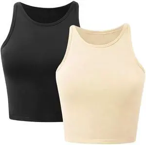Fresh Fab Finds Women Sleeveless Cropped Tank Top High Neck Crop Racer Back Workout Top Machine Washable Summer S M L XL 2XL Black Medium