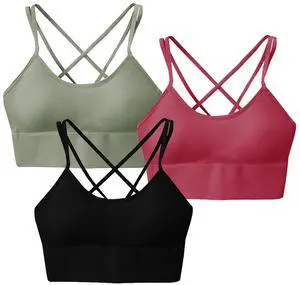 Fresh Fab Finds 3Packs Women Cross Back Sport Bras Padded Strappy Medium Support Bras Sexy Fitness Tank Tops with Removable Pads for Gym Yoga Workout Running Multi 2XL