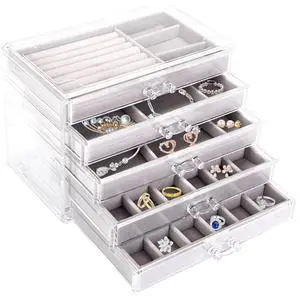 Fresh Fab Finds Clear Acrylic Jewelry Box w/ 5 Drawers Velvet Organizer for Rings, Bracelets, Gifts - Grey - One size Fresh Fab Finds Clear Acrylic Jewelry Box w/ 5 Drawers Velvet Organizer for Rings, Bracelets, Gifts - Grey - One size