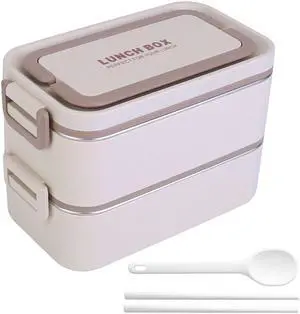 Fresh Fab Finds 2-Tier Stackable Bento Lunch Box with Utensils, Leakproof - Beige - 2-Tier