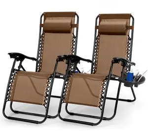 Fresh Fab Finds 2Pk Zero Gravity Lounge Chairs w/ Tray, Pillow 330lbs Load - Brown - One Size