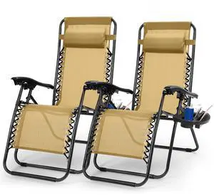 Fresh Fab Finds 2Pk Zero Gravity Lounge Chairs w/ Tray, Pillow 330lbs Load - Tan - One size