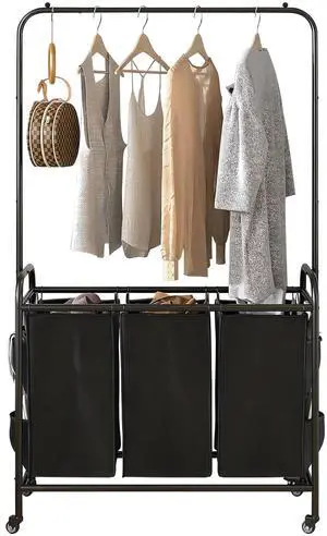 Fresh Fab Finds 3-Bag Laundry Sorter Cart w/ Hanging Bar & Locking Wheels - Black - One size Fresh Fab Finds 3-Bag Laundry Sorter Cart w/ Hanging Bar & Locking Wheels - Black - One size