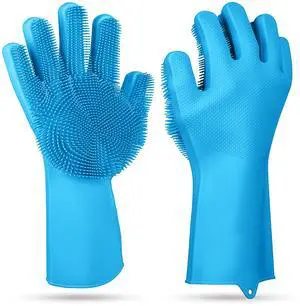 Fresh Fab Finds 1 Pair Silicone Dishwashing Gloves w/ Scrubber & Heat Resistance - Blue - One size