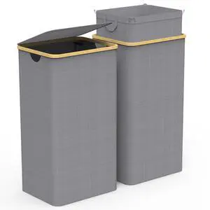 Fresh Fab Finds 2Pcs 100L Collapsible Laundry Hampers w/ Lid & Bamboo Frame - Gray - One size Fresh Fab Finds 2Pcs 100L Collapsible Laundry Hampers w/ Lid & Bamboo Frame - Gray - One size