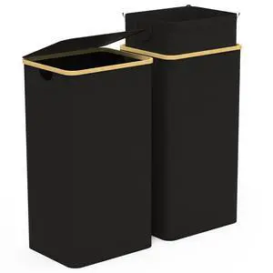 Fresh Fab Finds 2Pcs 100L Collapsible Laundry Hampers w/ Lid & Bamboo Frame - Black - One size Fresh Fab Finds 2Pcs 100L Collapsible Laundry Hampers w/ Lid & Bamboo Frame - Black - One size
