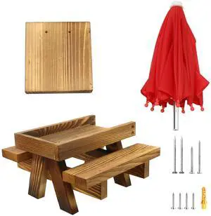 Fresh Fab Finds Wooden Squirrel Feeder Picnic Table w/ Umbrella & Benches - Brown - One size Fresh Fab Finds Wooden Squirrel Feeder Picnic Table w/ Umbrella & Benches - Brown - One size