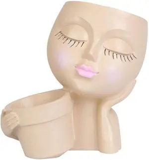 Fresh Fab Finds Girl Face Resin Planter Pot w/ Drain Holes for Succulents - Khaki - One size