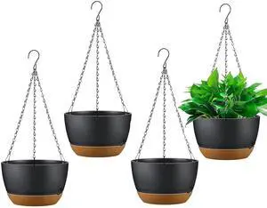 Fresh Fab Finds 4Pcs 9.64in Hanging Planters w/ Self-Watering Tray & Drain Holes - Black - One size