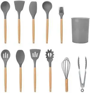 Fresh Fab Finds 11Pc Silicone Cooking Utensil Set w/ Wooden Handles - Gray - One size