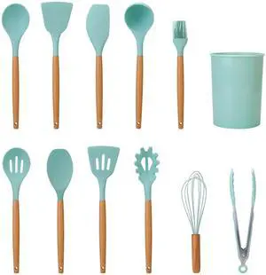 Fresh Fab Finds 11Pc Silicone Cooking Utensil Set w/ Wooden Handles - Light Green - One size