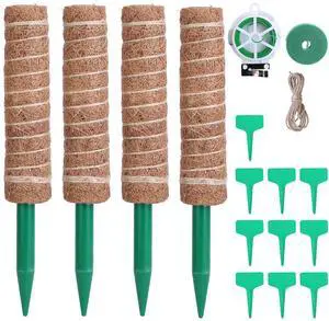 Fresh Fab Finds 4Pk Coco Coir Moss Poles for Climbing Plants w/ Ties & Labels - Brown - 32cm