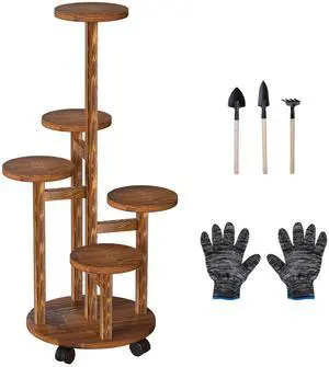 Fresh Fab Finds 5-Tier Wooden Plant Stand w/ Wheels, Indoor/Outdoor Display Rack - Brown - One size