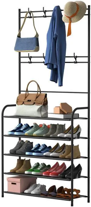 Fresh Fab Finds 5-Tier Entryway Coat & Shoe Rack Hall Tree Organizer Combo - Black - 5-Tier