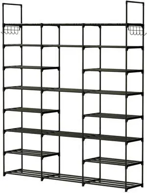 Fresh Fab Finds 8-Tier 3-Row Metal Shoe Rack for 42 Pairs w/ Hooks - Black - One size Fresh Fab Finds 8-Tier 3-Row Metal Shoe Rack for 42 Pairs w/ Hooks - Black - One size