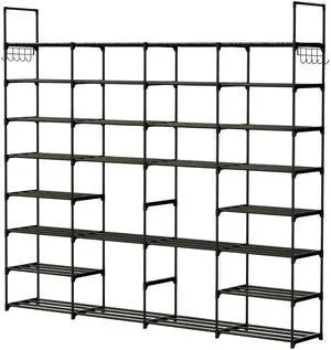Fresh Fab Finds 8-Tier 4-Row Metal Shoe Rack for 56 Pairs w/ Hooks - Black - One size