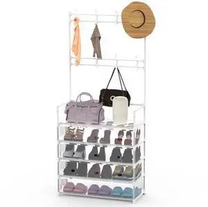 Fresh Fab Finds 5-Tier Dustproof Entryway Coat & Shoe Rack w/ 8 Hooks - White - 5-tier