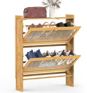 Fresh Fab Finds 2-Tier Bamboo Shoe Cabinet w/ Flip Drawers Slim Organizer - Brown - 70cm