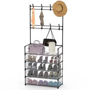 Fresh Fab Finds 5-Tier Dustproof Entryway Coat & Shoe Rack w/ 8 Hooks - Black - 5-tier