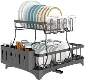 Fresh Fab Finds 2-Tier Dish Rack with Drainboard, Utensil & Cup Holder - Black - One size