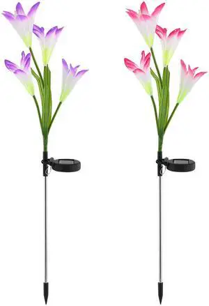 Fresh Fab Finds 2Pcs Solar Lily Flower Lights Color Changing IP65 Waterproof Stake Lamps - Multi - One Size