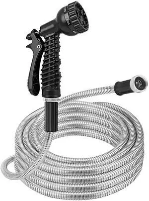 Fresh Fab Finds Stainless Steel Garden Hose Kit w/ Nozzles - Gray - 25 ft