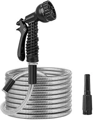 Fresh Fab Finds Stainless Steel Garden Hose Kit w/ Nozzles - Gray - 50 ft