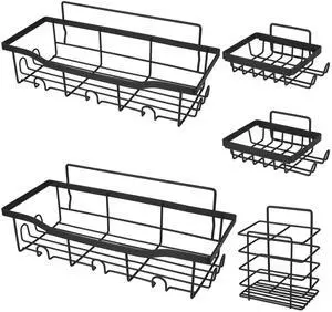 Fresh Fab Finds 5-Pack Wall-Mounted Shower Caddy Shelves w/ Hooks Adhesive Organizer - Black - One size