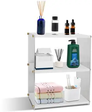 Fresh Fab Finds 3-Tier Acrylic Vanity Counter Organizer Wood Rack w/ Cup Holder - White - One size