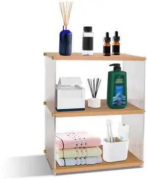 Fresh Fab Finds 3-Tier Acrylic Vanity Counter Organizer Wood Rack w/ Cup Holder - Burlywood - One size Fresh Fab Finds 3-Tier Acrylic Vanity Counter Organizer Wood Rack w/ Cup Holder - Burlywood - One size