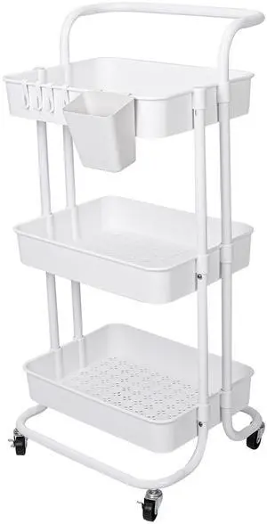 Fresh Fab Finds 3-Tier Rolling Utility Cart w/ Mesh Baskets & Hooks Lockable Wheels - White - 3-Tier