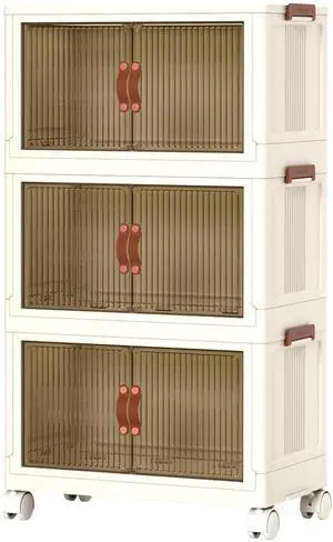 Fresh Fab Finds 3Pk Foldable Storage Bins w/ Lid Magnetic Door 360° Wheels Closet Organizer - Beige - 62cm
