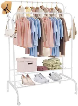 Fresh Fab Finds Clothing Garment Rack w/ 2 Rails 2 Shelves Wheels & Hooks Organizer - White - One size