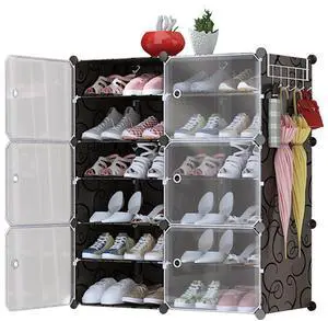 Fresh Fab Finds 6-Tier 2-Row Shoe Rack w/ Doors Stackable Plastic Cabinet Organizer - Black - One size